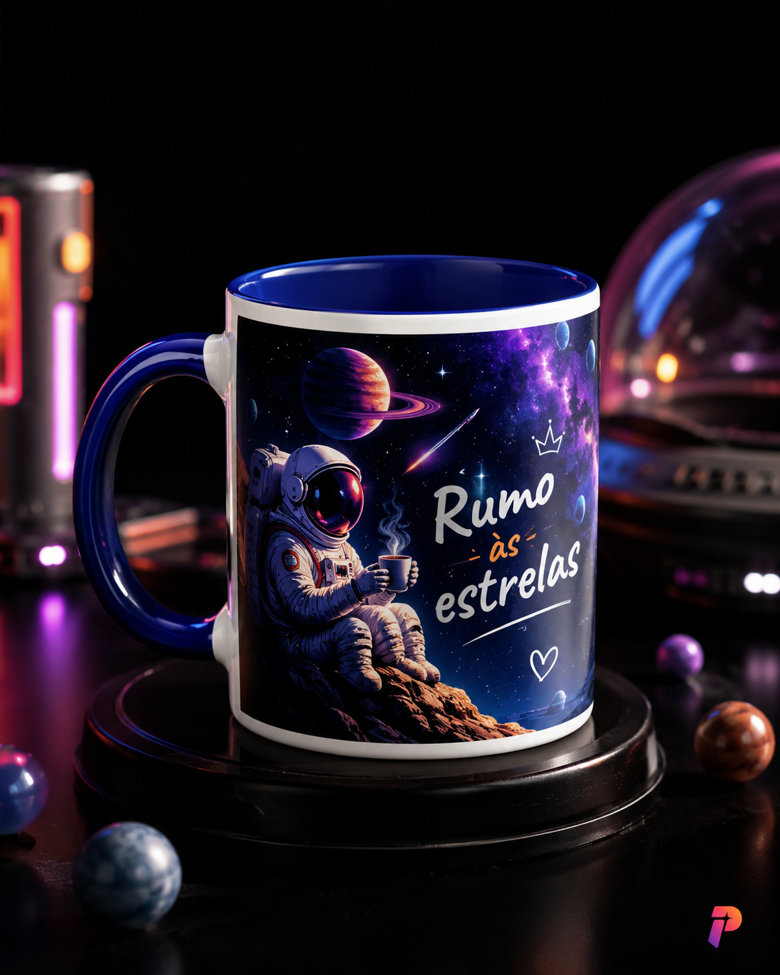 Caneca azul personalizada com astronauta e a frase Rumo às estrelas