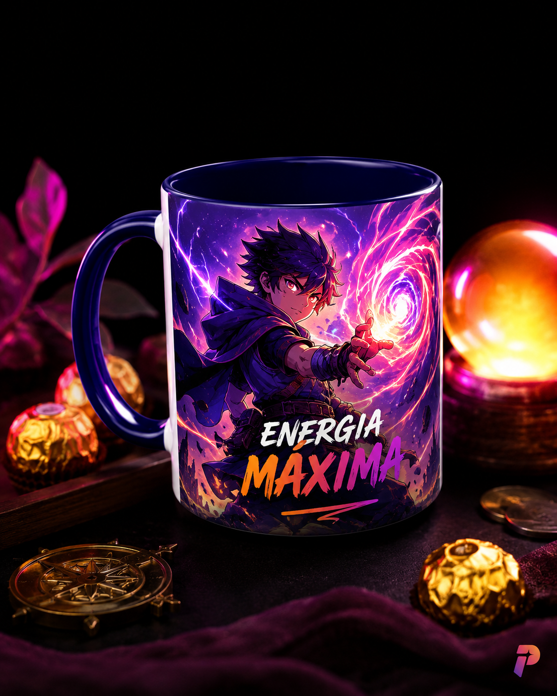 Caneca personalizada em estilo anime com a frase Energia máxima