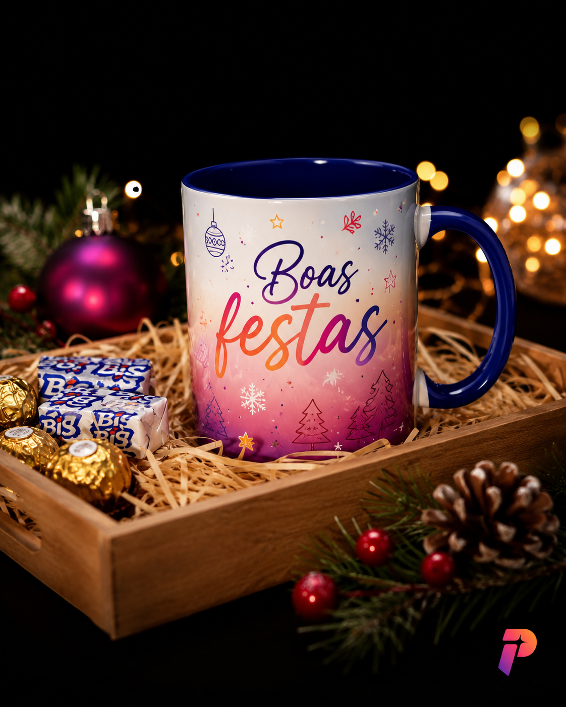 Caneca natalina personalizada com a frase Boas festas em caixa presente